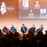 Julie Scott, Dr Yousrah Ahmed, Dr Raquel Amado, Dr James Olding, Dr Jordan Faulkner and Dr Yasser Al-Omran are talking on the stage of Interface Expo.