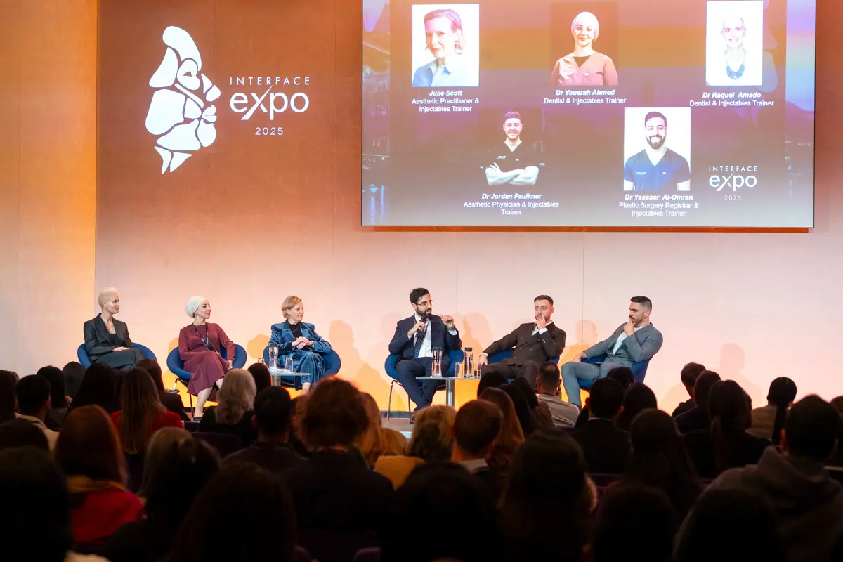 Julie Scott, Dr Yousrah Ahmed, Dr Raquel Amado, Dr James Olding, Dr Jordan Faulkner and Dr Yasser Al-Omran are talking on the stage of Interface Expo.