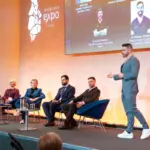 Julie Scott, Dr Yousrah Ahmed, Dr Raquel Amado, Dr James Olding, Dr Jordan Faulkner and Dr Yasser Al-Omran are talking on the stage of Interface Expo.