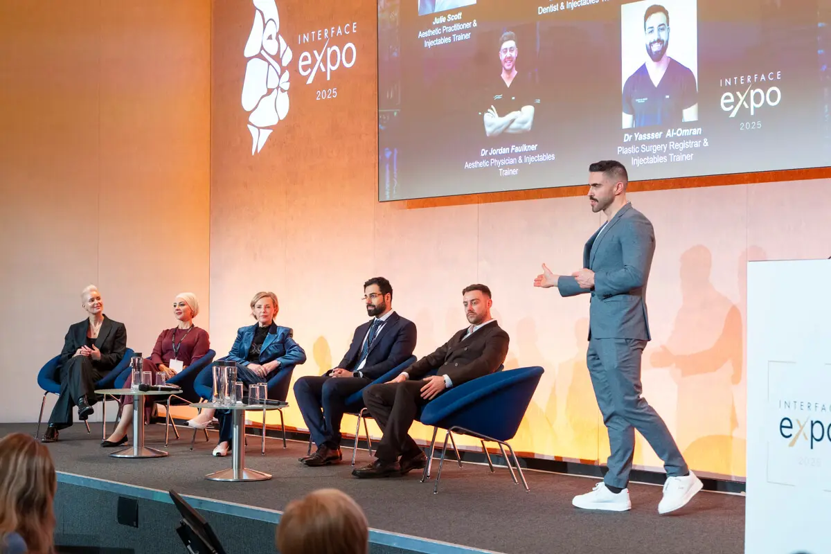 Julie Scott, Dr Yousrah Ahmed, Dr Raquel Amado, Dr James Olding, Dr Jordan Faulkner and Dr Yasser Al-Omran are talking on the stage of Interface Expo.